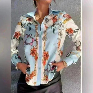 Floral And Butterfly Print Button Up Blouse Blue Sz Medium
